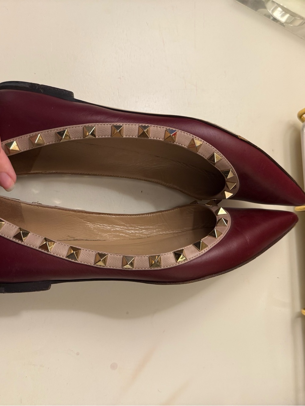 Valentino Burgundy Pointed Rockstud Leather Flats - Picture 5 of 8